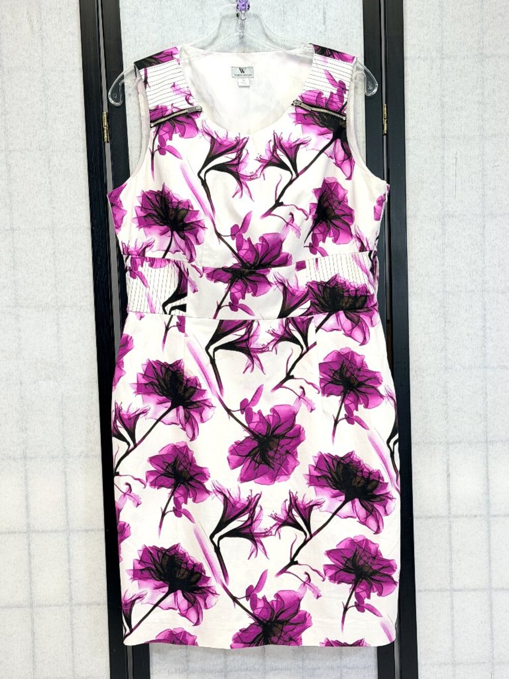 Worthington Sheath Dress 12 Sleeveless Wide Topstitched Waist White Purple Lined